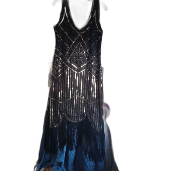 Sequined Fringe Hem Flapper Vintage Sleeveless Tank Dress BLACK & GOLD US14 - Picture 4 of 4